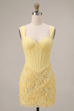 Light Yellow Corset Pearls Floral Appliques Thick Straps Bodycon Short Cocktail Dress
