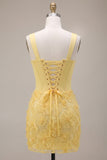 Light Yellow Corset Pearls Floral Appliques Thick Straps Bodycon Short Cocktail Dress