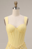 Light Yellow Corset Pearls Floral Appliques Thick Straps Bodycon Short Cocktail Dress