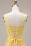 Light Yellow Corset Pearls Floral Appliques Thick Straps Bodycon Short Cocktail Dress