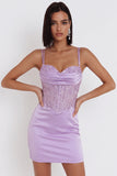 Lilac Satin Beaded Rhinestone Embroidery Ruched Corset Bodycon Short Cocktail Dress