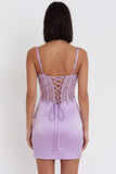 Lilac Satin Beaded Rhinestone Embroidery Ruched Corset Bodycon Short Cocktail Dress