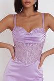 Lilac Satin Beaded Rhinestone Embroidery Ruched Corset Bodycon Short Cocktail Dress