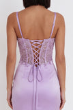 Lilac Satin Beaded Rhinestone Embroidery Ruched Corset Bodycon Short Cocktail Dress