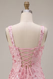 Sparkly Pink Sequins Corset Thick Straps Short Cocktail Dress with Bow
