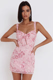 Sparkly Pink Sequins Corset Thick Straps Short Cocktail Dress with Bow