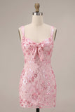 Sparkly Pink Sequins Corset Thick Straps Short Cocktail Dress with Bow