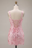 Sparkly Pink Sequins Corset Thick Straps Short Cocktail Dress with Bow