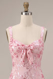 Sparkly Pink Sequins Corset Thick Straps Short Cocktail Dress with Bow