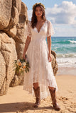 White V-Neck Flutter Sleeves A-Line High-Low Wedding Dress with Lace