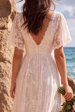 White V-Neck Flutter Sleeves A-Line High-Low Wedding Dress with Lace