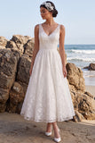 White Floral A-Line V-Neck Embroidered Long Wedding Dress