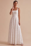 White Sequins Square Neck A-Line Appliqued Long Wedding Dress