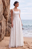 White Sequins Square Neck A-Line Appliqued Long Wedding Dress