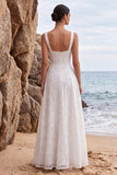 White Sequins Square Neck A-Line Appliqued Long Wedding Dress