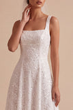 White Sequins Square Neck A-Line Appliqued Long Wedding Dress