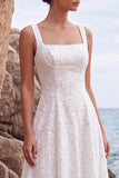 White Sequins Square Neck A-Line Appliqued Long Wedding Dress