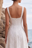 White Sequins Square Neck A-Line Appliqued Long Wedding Dress