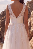 White A-Line V-Neck Floral Appliqued Midi Wedding Dress