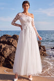 White A-Line One Shoulder Tulle Appliqued Long Wedding Dress