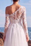 White A-Line One Shoulder Tulle Appliqued Long Wedding Dress