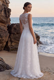 Floral White Embroidered A-Line Illusion Neck Long Wedding Dress