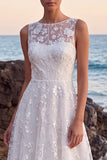 Floral White Embroidered A-Line Illusion Neck Long Wedding Dress