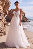 White Appliqued A-Line V-Neck Tulle Floral Long Wedding Dress