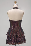 Sparkly Black Halter Neck Tiered Ruffle Sequins Short Cocktail Dress