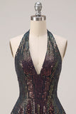 Sparkly Black Halter Neck Tiered Ruffle Sequins Short Cocktail Dress