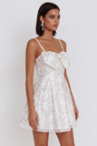 White Sequins A-Line Ruched Spaghetti Straps Short Cocktail Dress with Bow