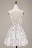 White Sequins A-Line Ruched Spaghetti Straps Short Cocktail Dress with Bow