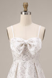 White Sequins A-Line Ruched Spaghetti Straps Short Cocktail Dress with Bow