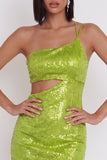 Yellow Green One Shoulder Cut Out Bodycon Sequins Short Cocktail Dress