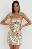 Sparkly Champagne Sequins Bodycon Short Cocktail Dress with Bow Straps