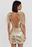Sparkly Champagne Sequins Bodycon Short Cocktail Dress with Bow Straps