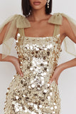 Sparkly Champagne Sequins Bodycon Short Cocktail Dress with Bow Straps