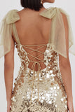 Sparkly Champagne Sequins Bodycon Short Cocktail Dress with Bow Straps