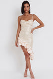 Ivory Cowl Neck Asymmetrical Ruffled High-Low Hem Sequins Sheath Midi Cocktail Dress