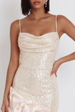 Ivory Cowl Neck Asymmetrical Ruffled High-Low Hem Sequins Sheath Midi Cocktail Dress