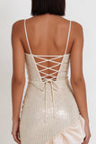 Ivory Cowl Neck Asymmetrical Ruffled High-Low Hem Sequins Sheath Midi Cocktail Dress