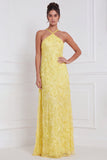 Light Blue A-Line Halter Floral Beaded Long Bridesmaid Dress