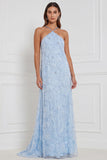 Light Blue A-Line Halter Floral Beaded Long Bridesmaid Dress