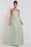 Light Blue A-Line Halter Floral Beaded Long Bridesmaid Dress