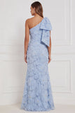 Light Blue Mermaid One Shoulder Floral Long Bridesmaid Dress
