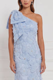 Light Blue Mermaid One Shoulder Floral Long Bridesmaid Dress
