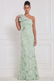 Light Blue Mermaid One Shoulder Floral Long Bridesmaid Dress
