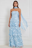 Light Blue Strapless A-Line Tiered 3D Flower Long Bridesmaid Dress