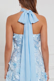 Light Blue Strapless A-Line Tiered 3D Flower Long Bridesmaid Dress