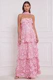 Light Blue Strapless A-Line Tiered 3D Flower Long Bridesmaid Dress